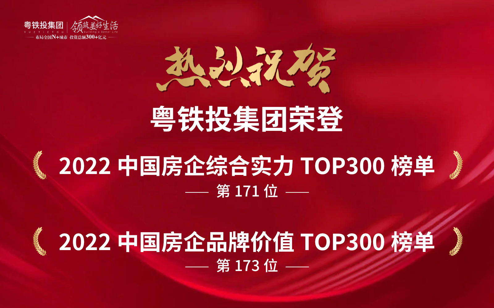 粤铁投集团荣登【2022中国房企综合实力&品牌价值TOP300】榜